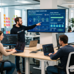 Full-stack developers working on modern application development with Agile workflow and CI/CD pipeline