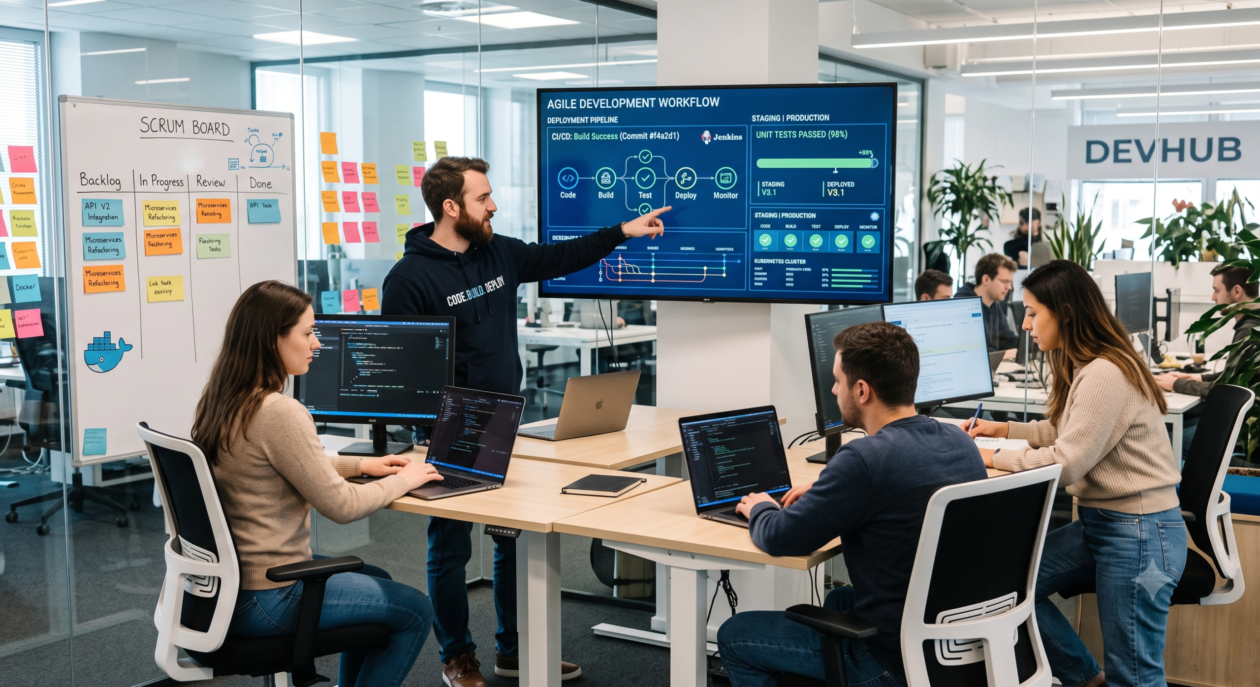 Full-stack developers working on modern application development with Agile workflow and CI/CD pipeline