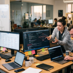 Modern software development team collaborating on code, architecture, and technical challenges
