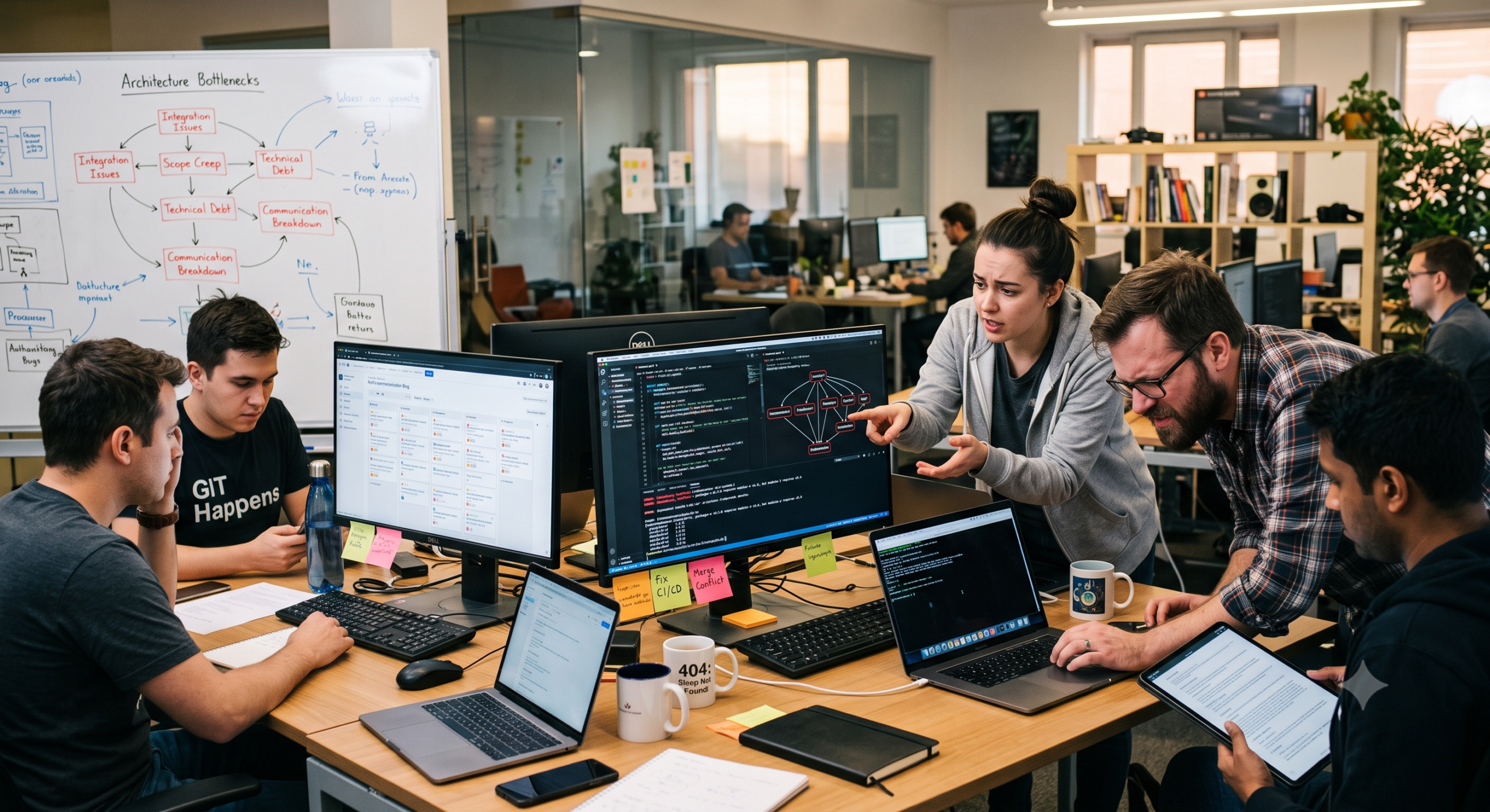 Modern software development team collaborating on code, architecture, and technical challenges
