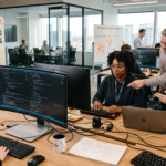 Software development team working on code with sprint progress board in modern office