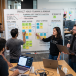 Software development team planning a project roadmap with Agile tasks, user stories, architecture, and sprint planning on a whiteboard