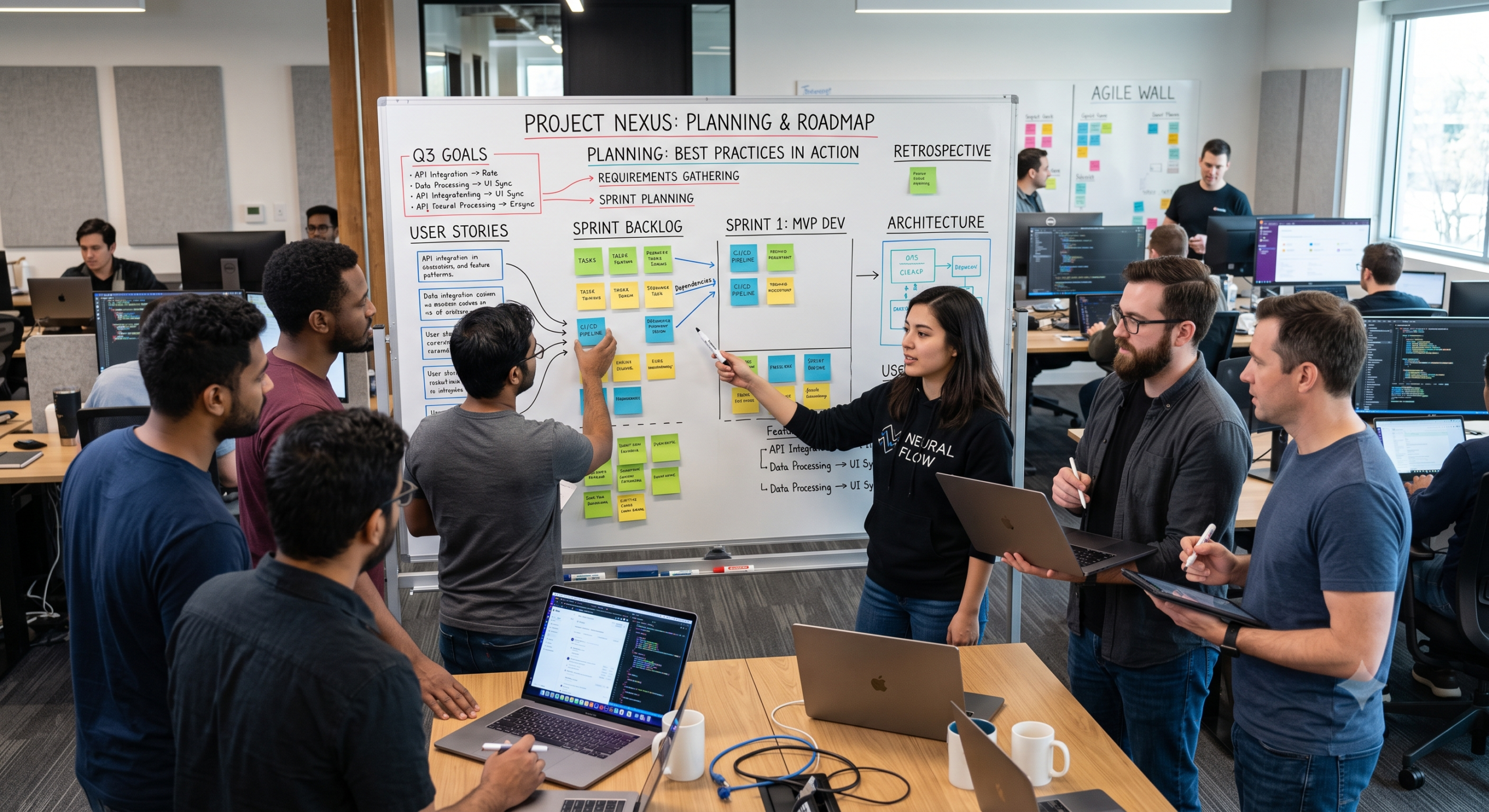 Software development team planning a project roadmap with Agile tasks, user stories, architecture, and sprint planning on a whiteboard