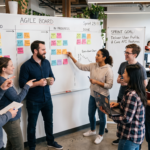 Agile software development team collaborating around an Agile board with sprint tasks, backlog, and progress columns