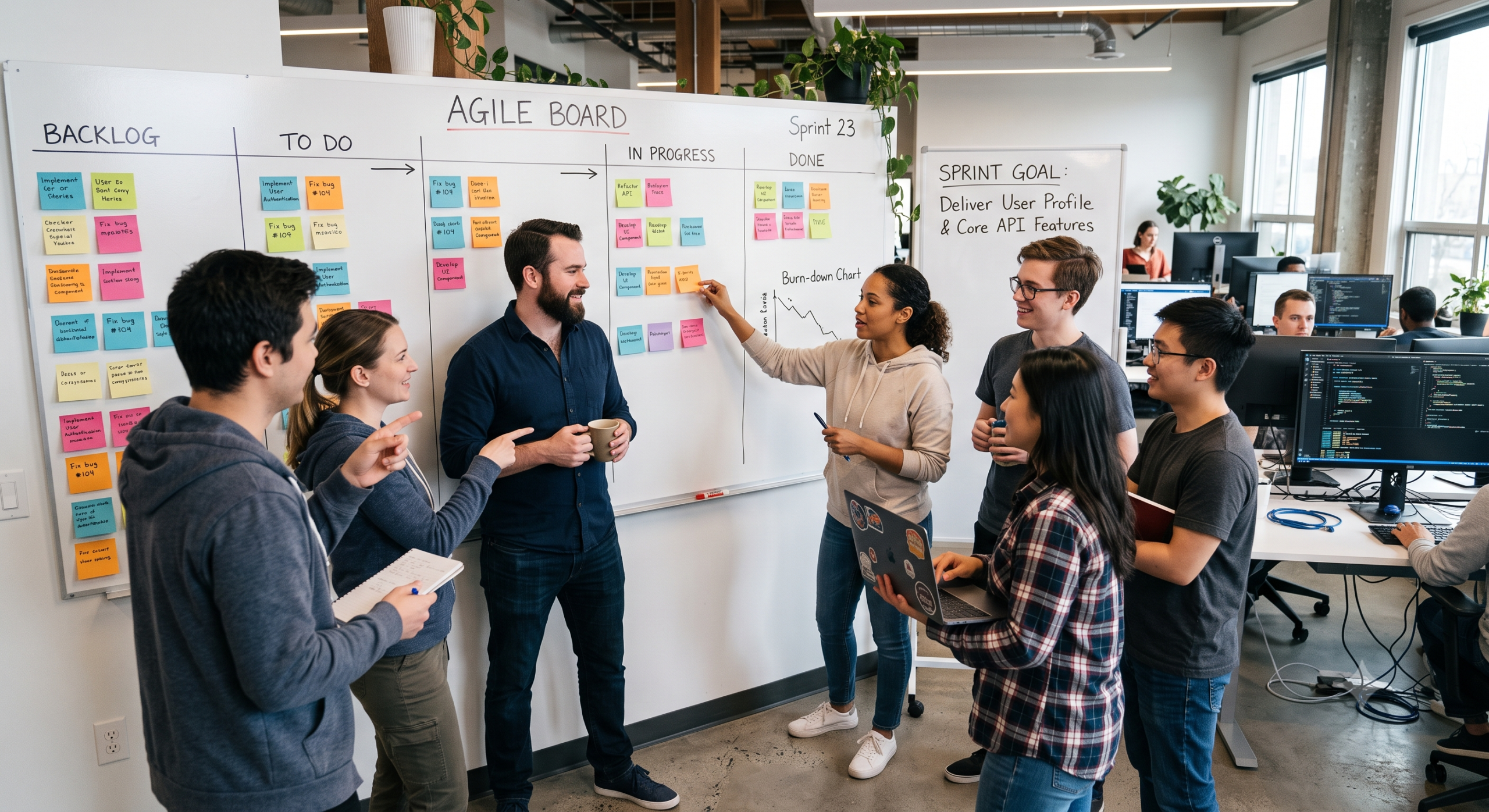 Agile software development team collaborating around an Agile board with sprint tasks, backlog, and progress columns