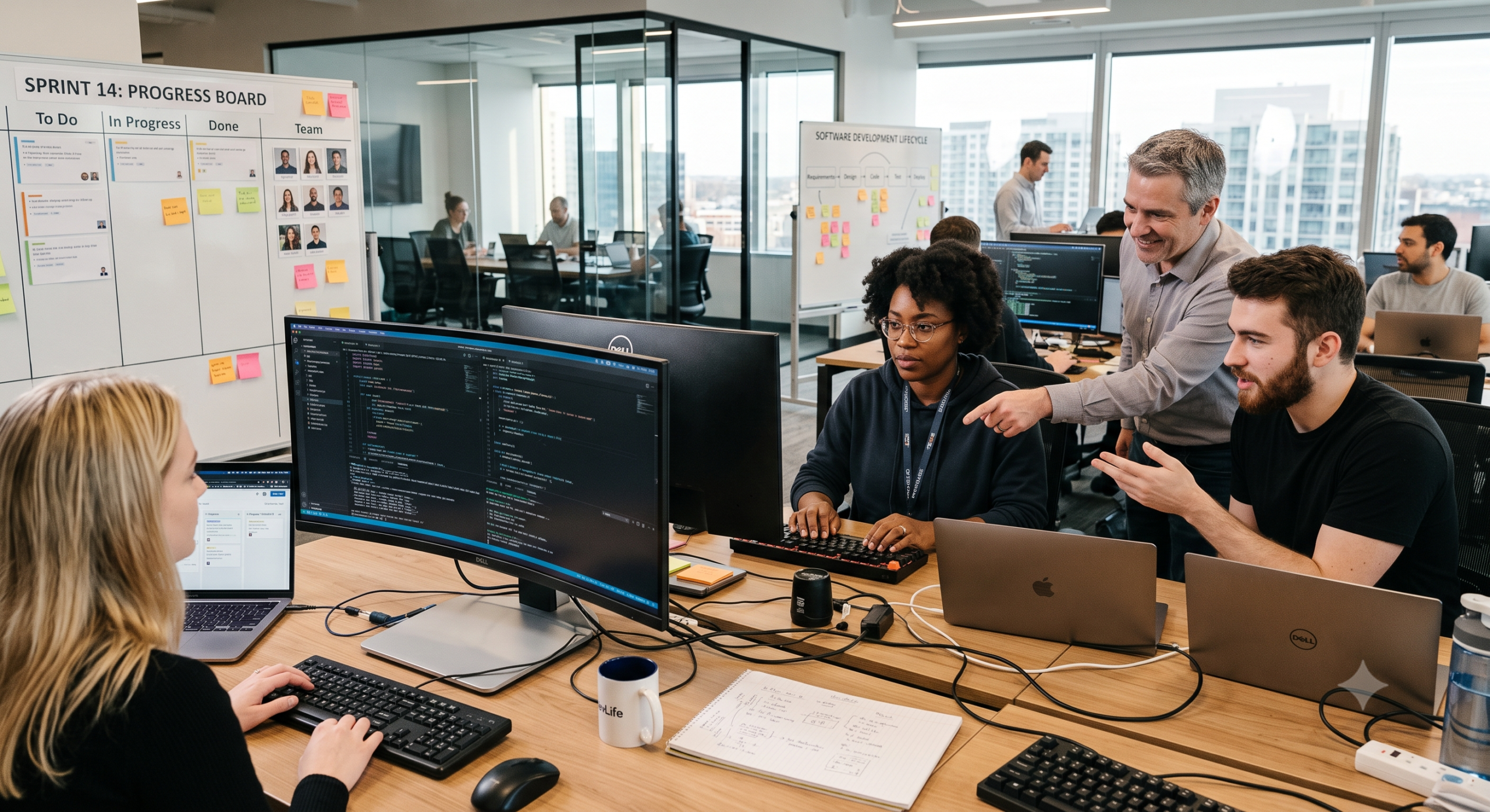 Software development team working on code with sprint progress board in modern office