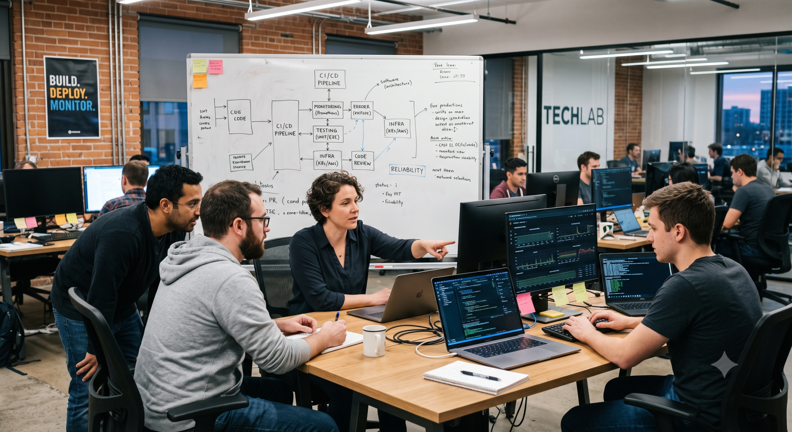 Full-stack developers collaborating on production-ready software using CI/CD, testing, monitoring, and development tools