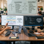 Software engineering vs software development comparison in a modern technology office with system architecture, coding, scalability, security, testing, and Agile concepts displayed on screens