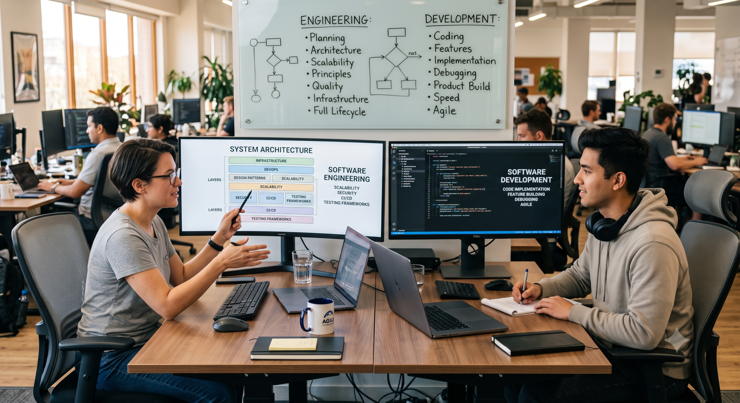 Software engineering vs software development comparison in a modern technology office with system architecture, coding, scalability, security, testing, and Agile concepts displayed on screens