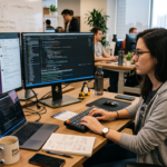 Full-stack developer working on software project development with code editor, project management tools, and multiple monitors
