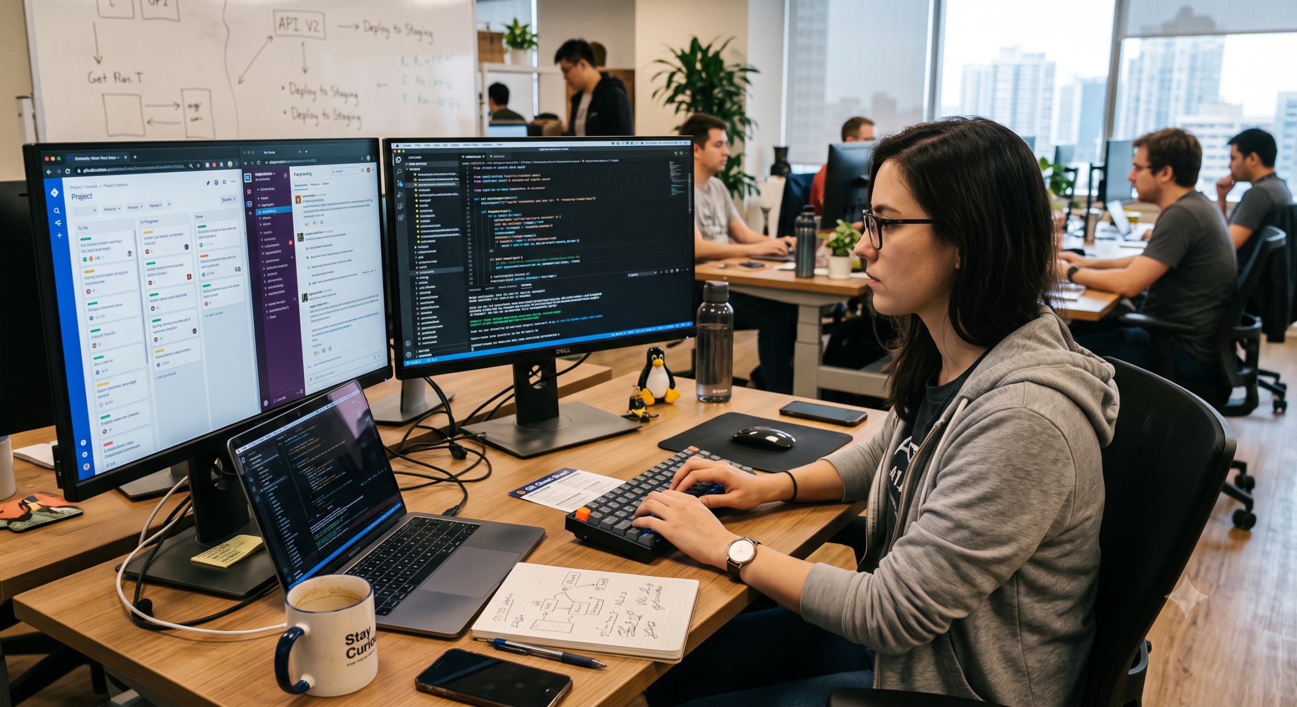 Full-stack developer working on software project development with code editor, project management tools, and multiple monitors
