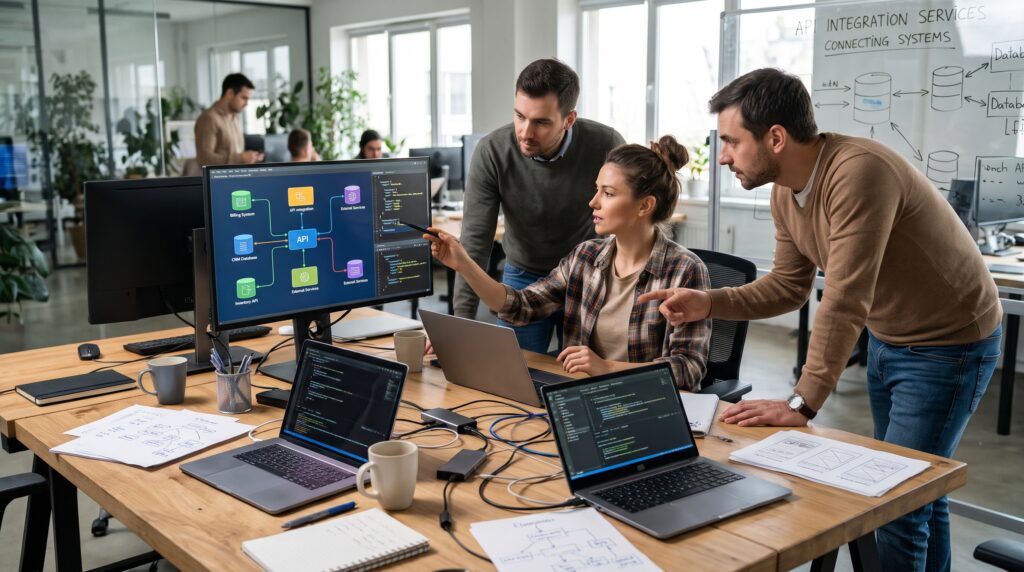 Software engineers collaborating on API integration services to connect business systems and databases.