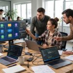Software engineers collaborating on API integration services to connect business systems and databases.