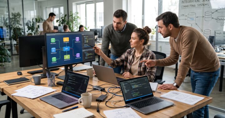 Software engineers collaborating on API integration services to connect business systems and databases.