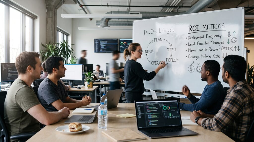 DevOps team discussing software deployment, automation, and ROI metrics during a team meeting.