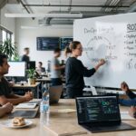 DevOps team discussing software deployment, automation, and ROI metrics during a team meeting.