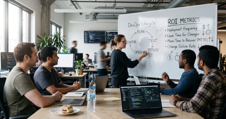 DevOps team discussing software deployment, automation, and ROI metrics during a team meeting.