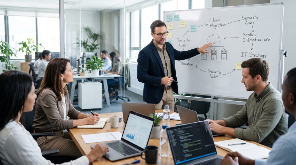 IT consulting expert presenting technology strategy and cybersecurity plans to a business team.
