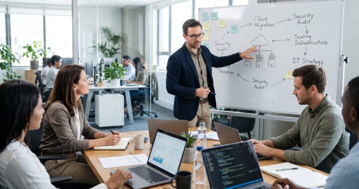 IT consulting expert presenting technology strategy and cybersecurity plans to a business team.
