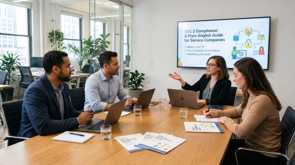 Business professionals discussing SOC 2 compliance requirements during a team meeting.