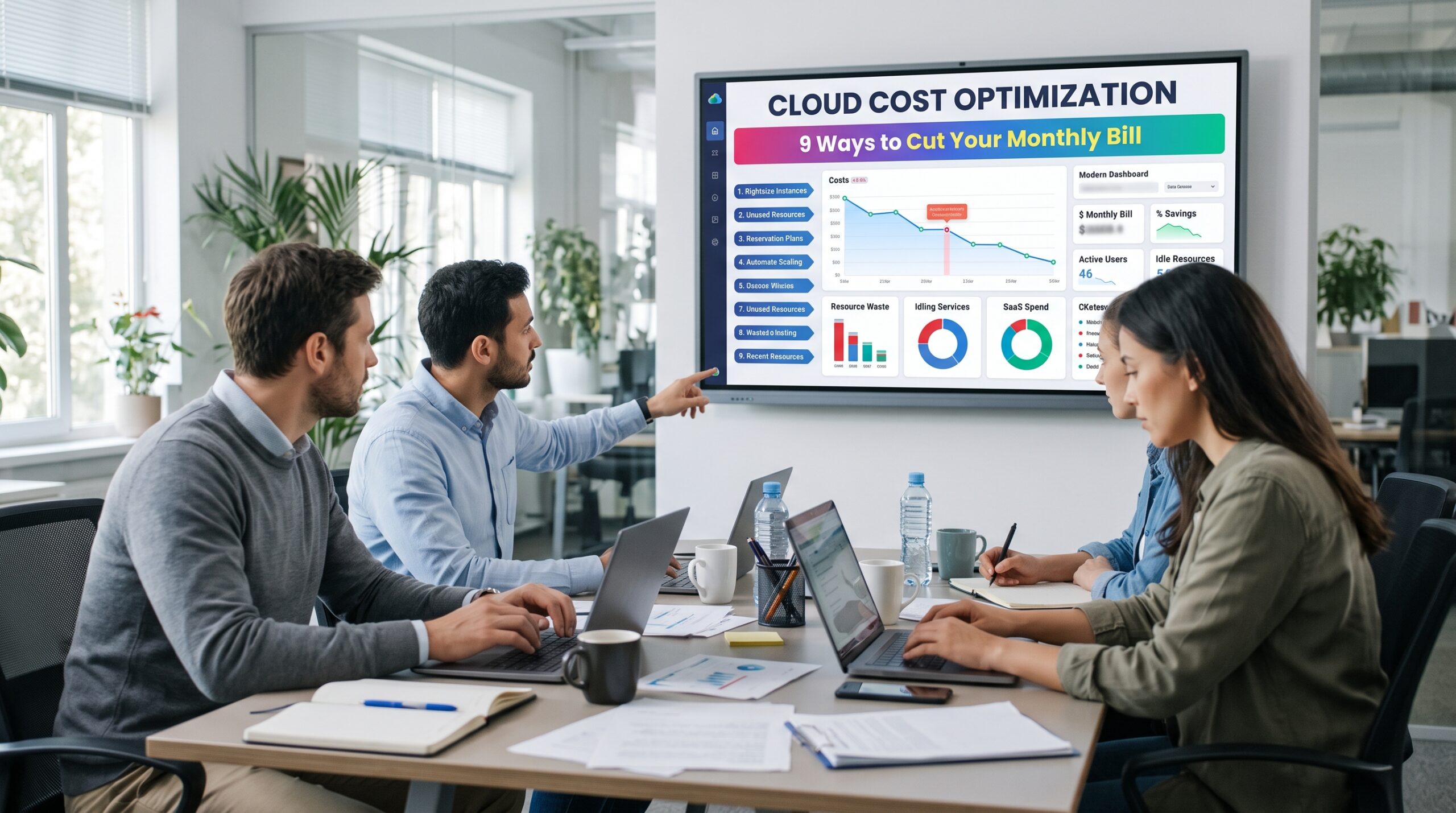 Cloud cost optimization team reviewing cloud spending dashboards and identifying ways to reduce monthly bills.