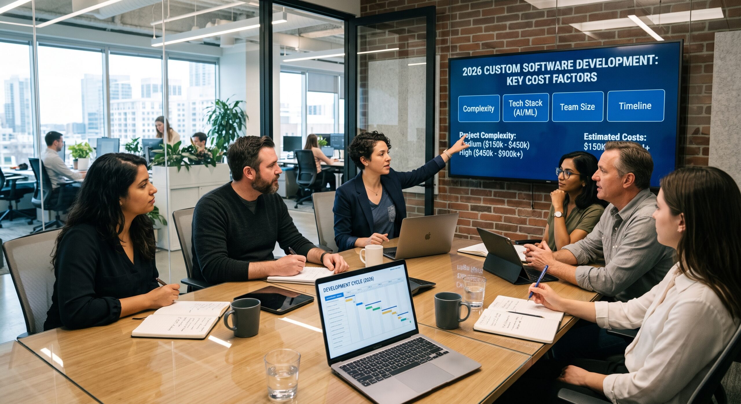 Custom software development cost factors and project planning meeting in 2026