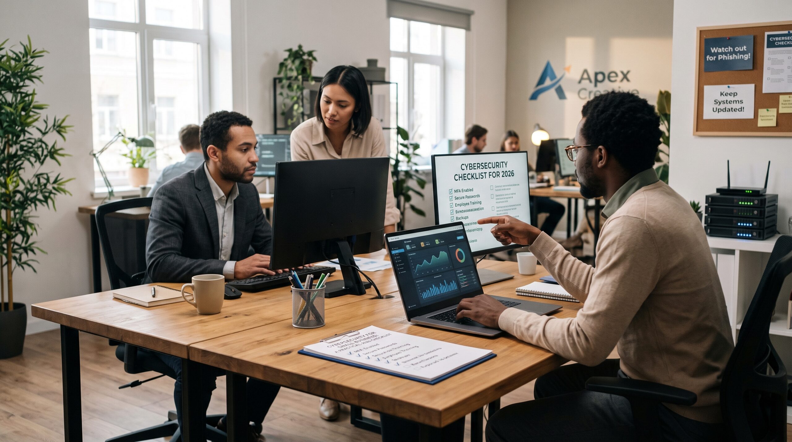 Cybersecurity for small business team reviewing security checklists, system monitoring dashboards, and data protection measures.