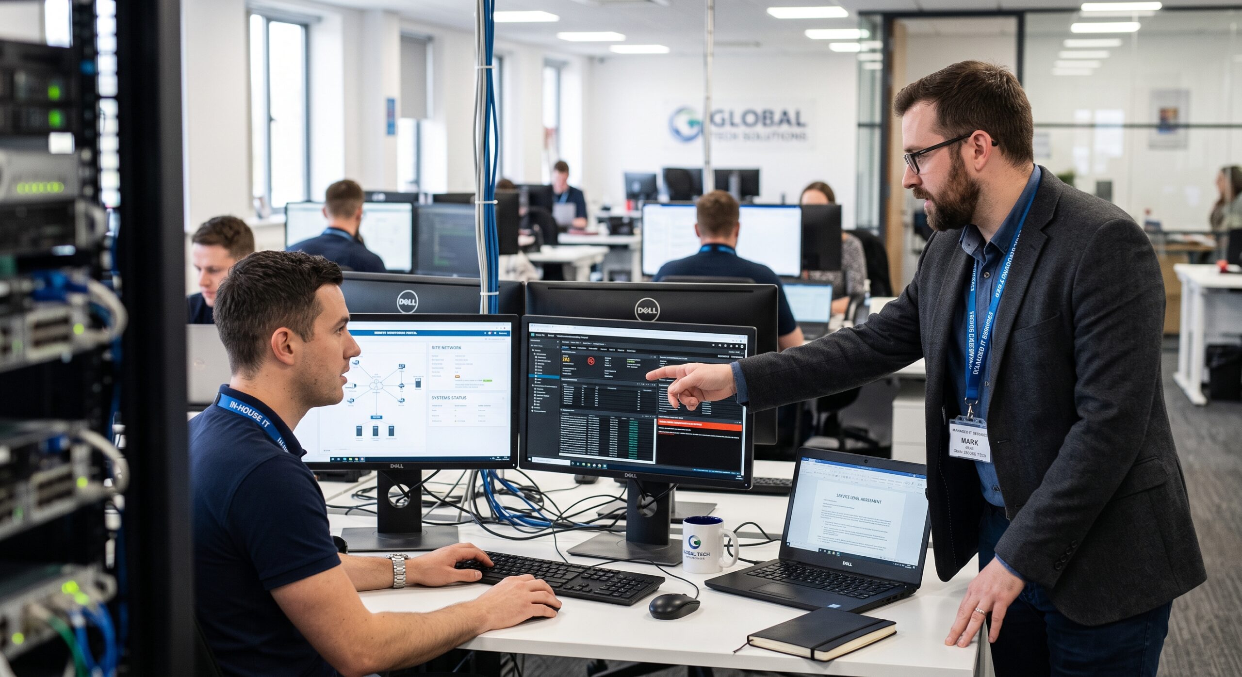 Managed IT services team monitoring business network systems and infrastructure