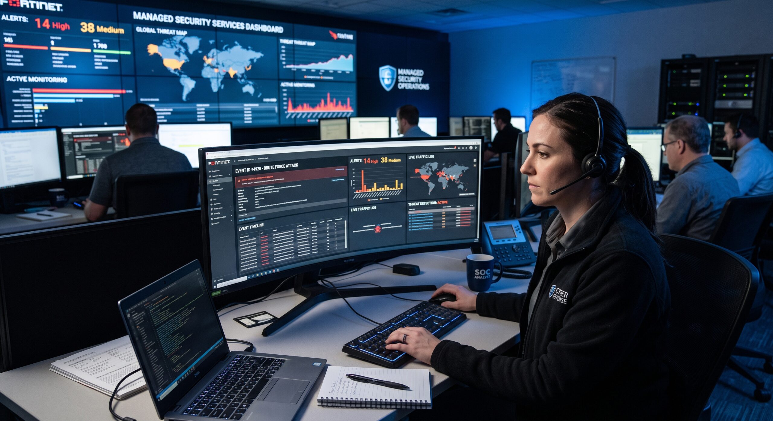 Managed security services team monitoring cybersecurity threats and network activity