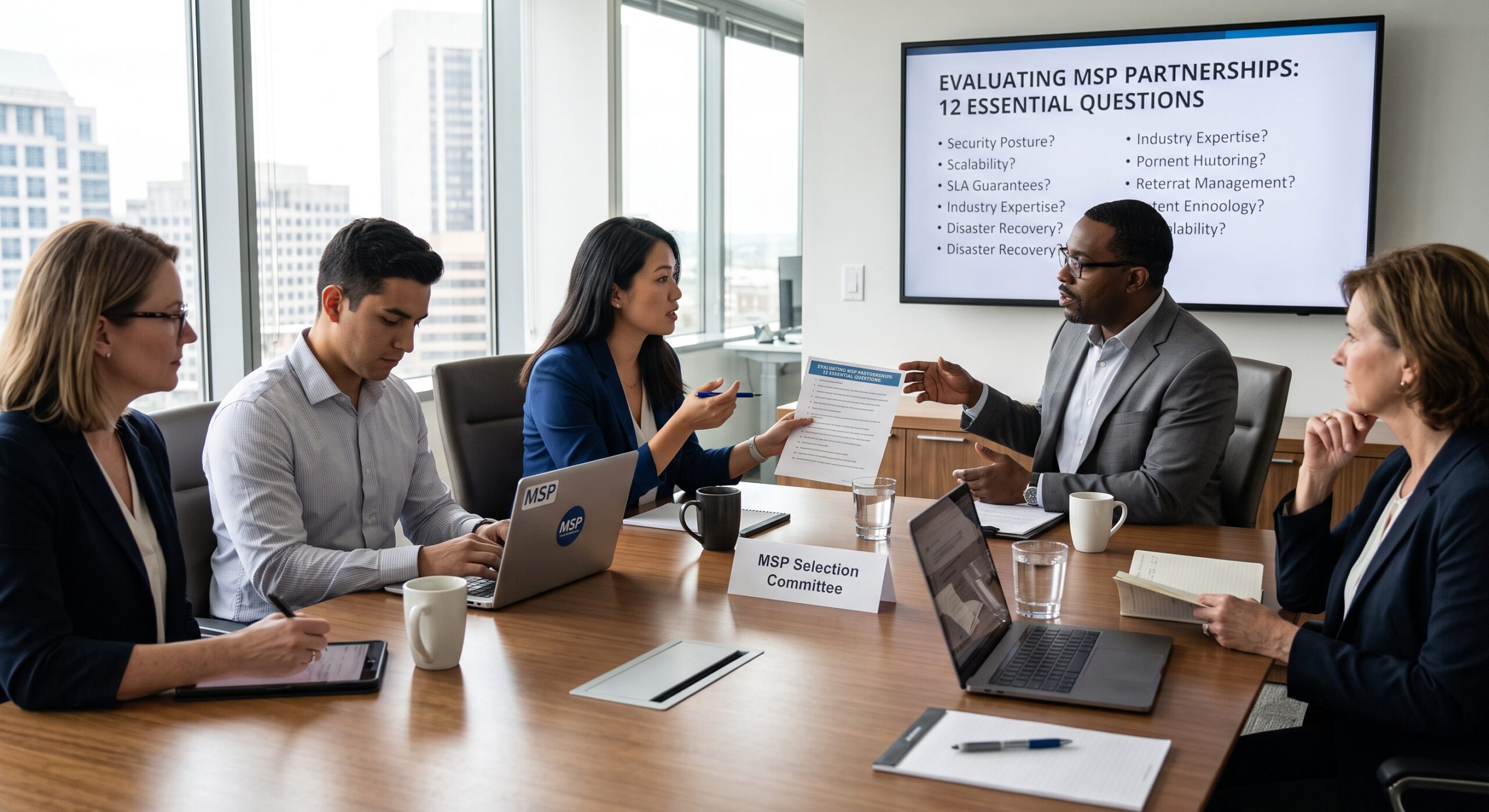 Business team evaluating managed service provider partnerships and IT services