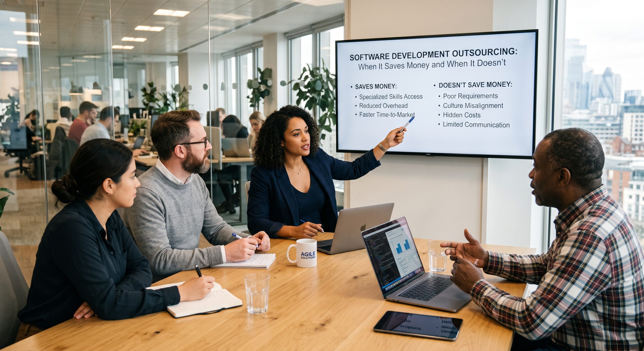 Software development outsourcing cost savings and risks discussed by a business team